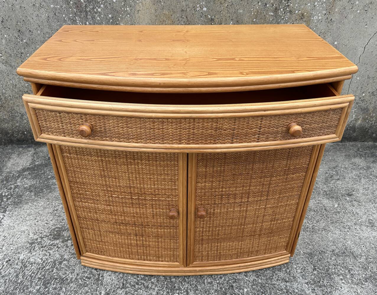 Vintage low sideboard, Exodia, bamboo and rattan, 80s