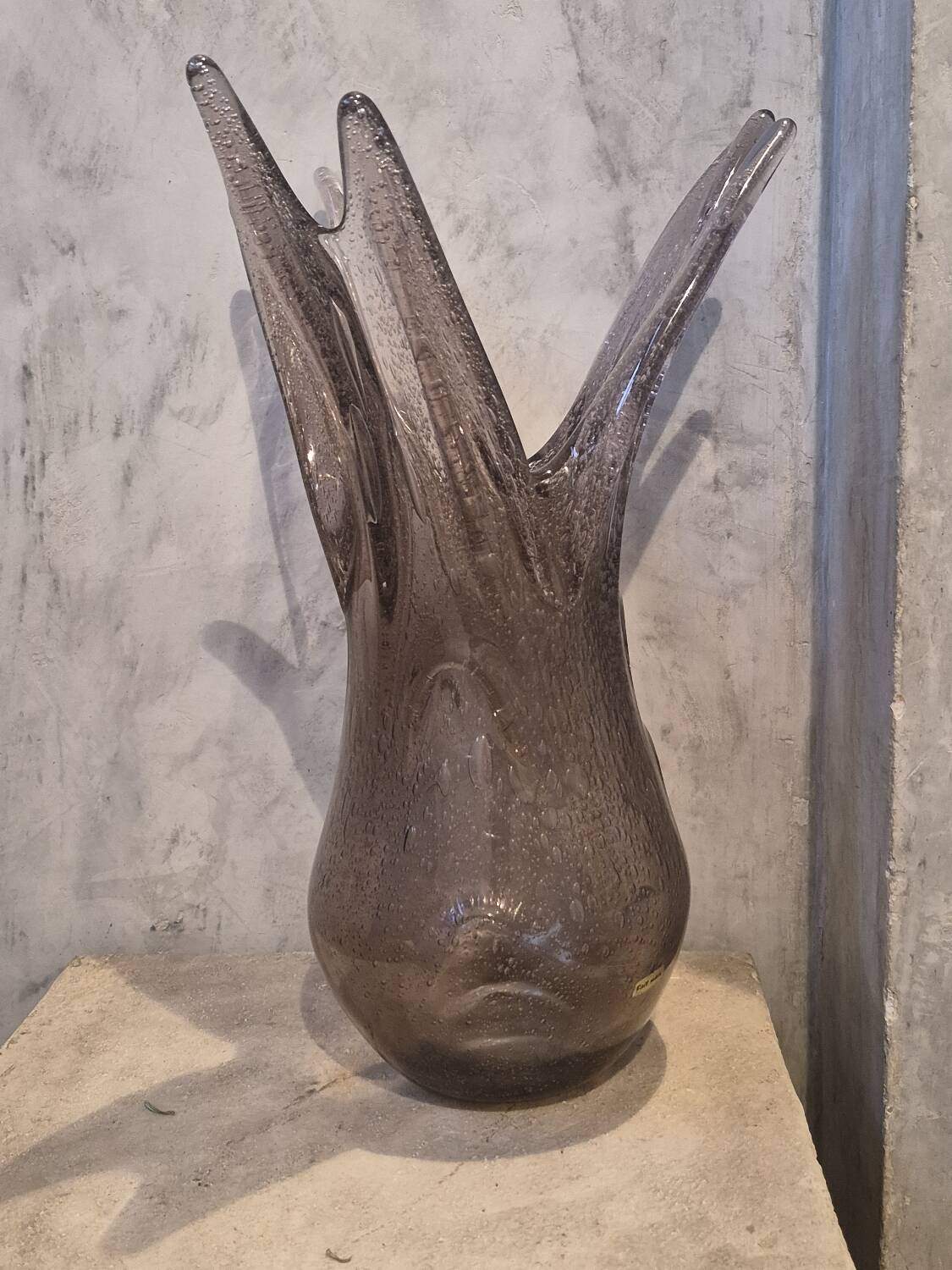 Vintage large blown glass vase with bubbles in mauve.