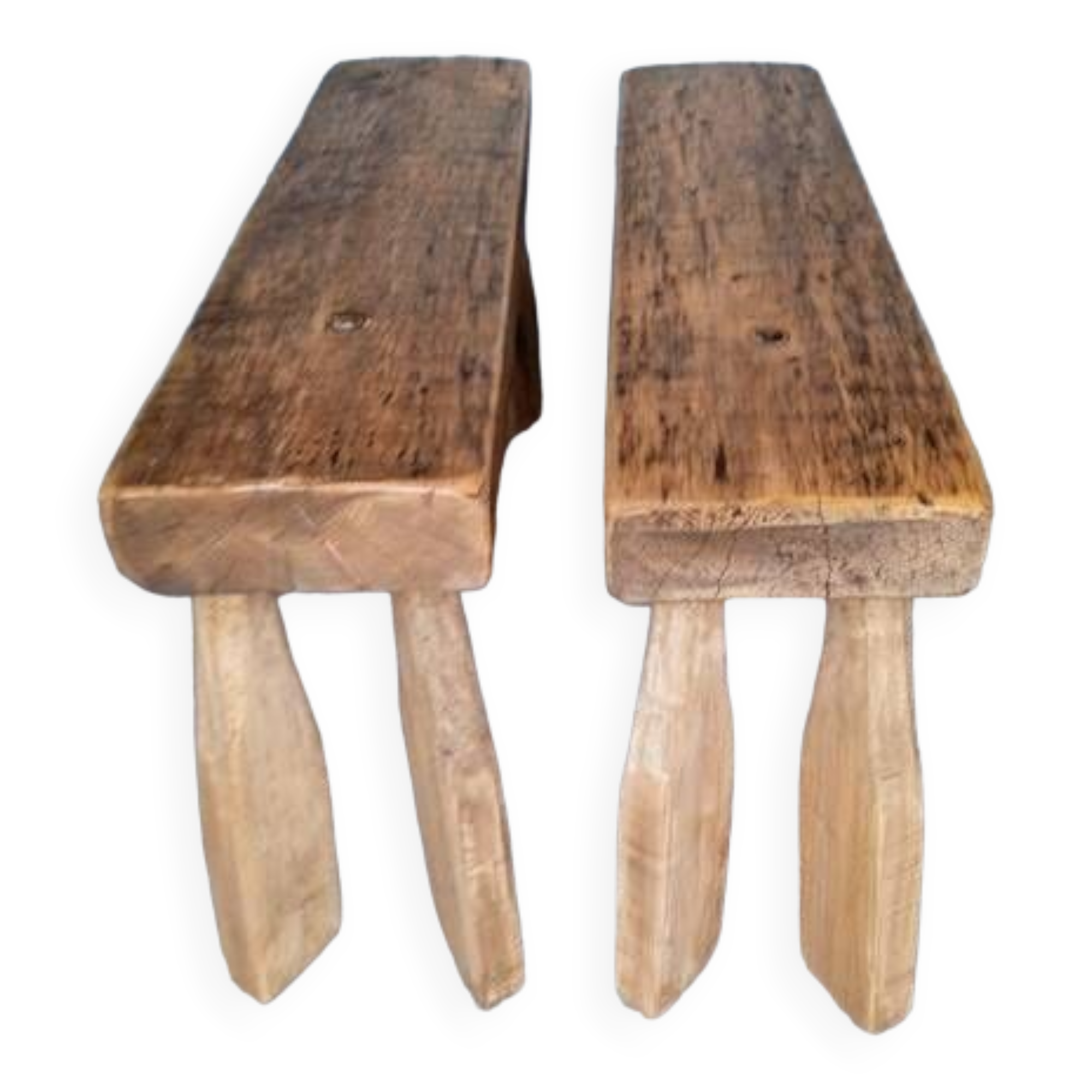 Pair of 2 patinated solid wood benches / stools