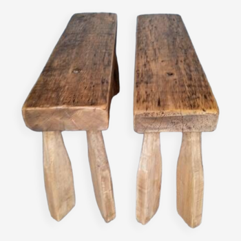 Pair of 2 patinated solid wood benches / stools
