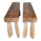 Pair of 2 patinated solid wood benches / stools