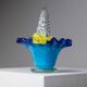 Bol avec poignée en verre de Murano bleu et fleurs jaunes - Décor vintage italien des années 1970.