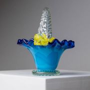 Blue Murano Glass Handle Bowl with Yellow Flowers - Vintage 1970s Italian Mid-Century Decor
