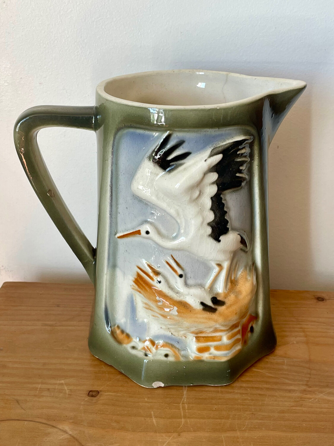 Old Barbotine Jug Storks - Saint-Clément France