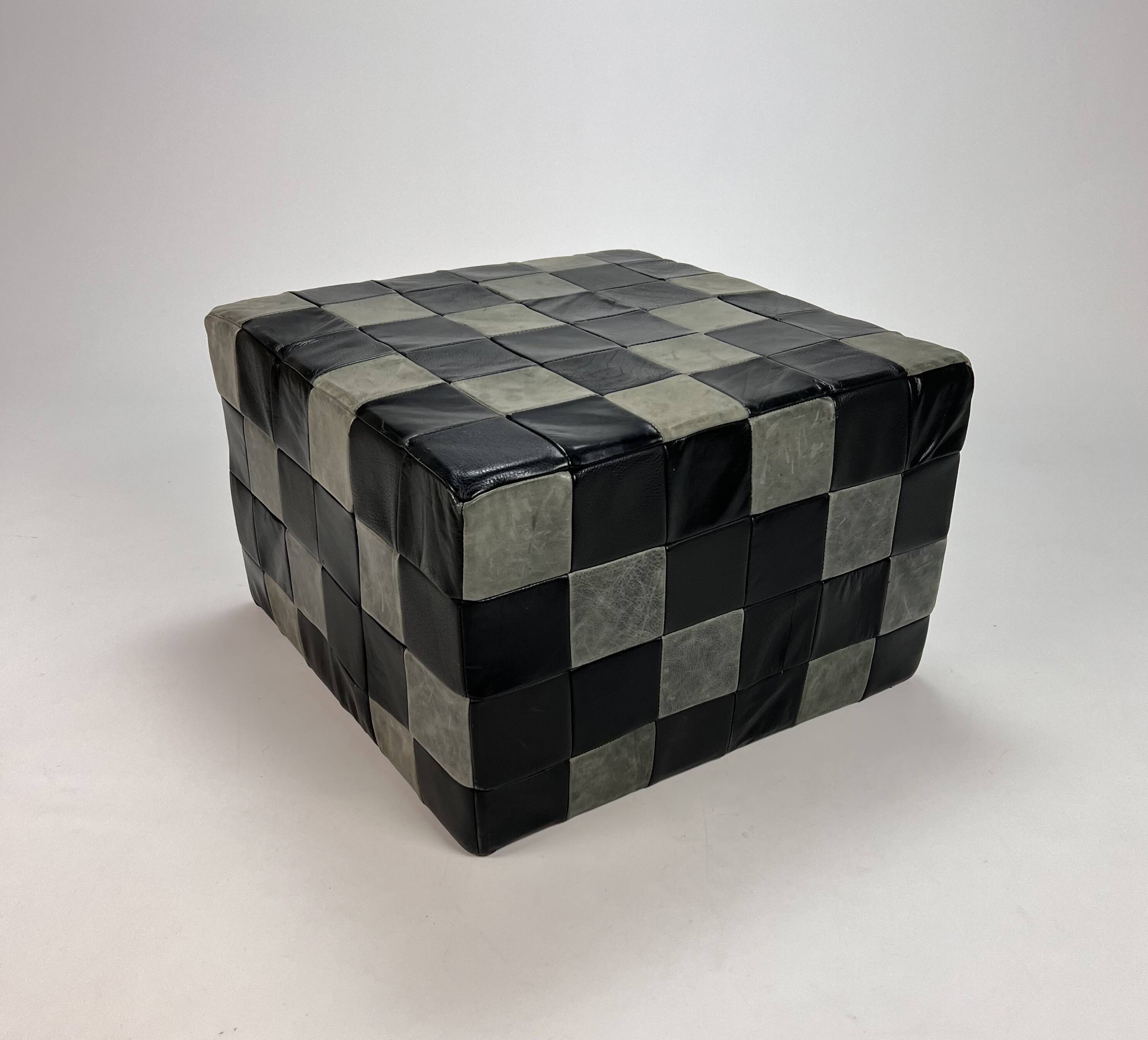 Vintage leather patchwork pouf, 1980s