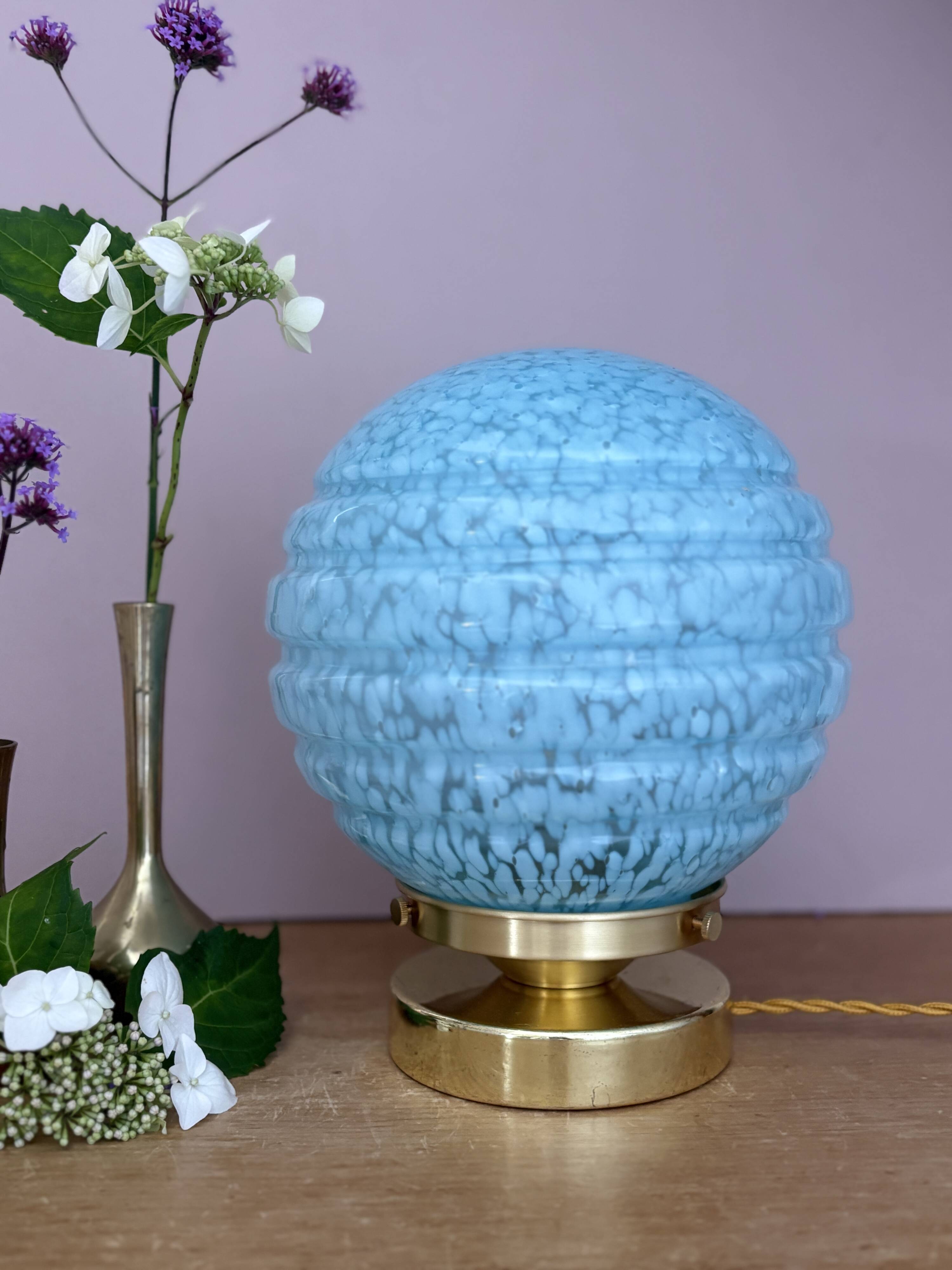 Vintage blue glass globe table lamp from Clichy