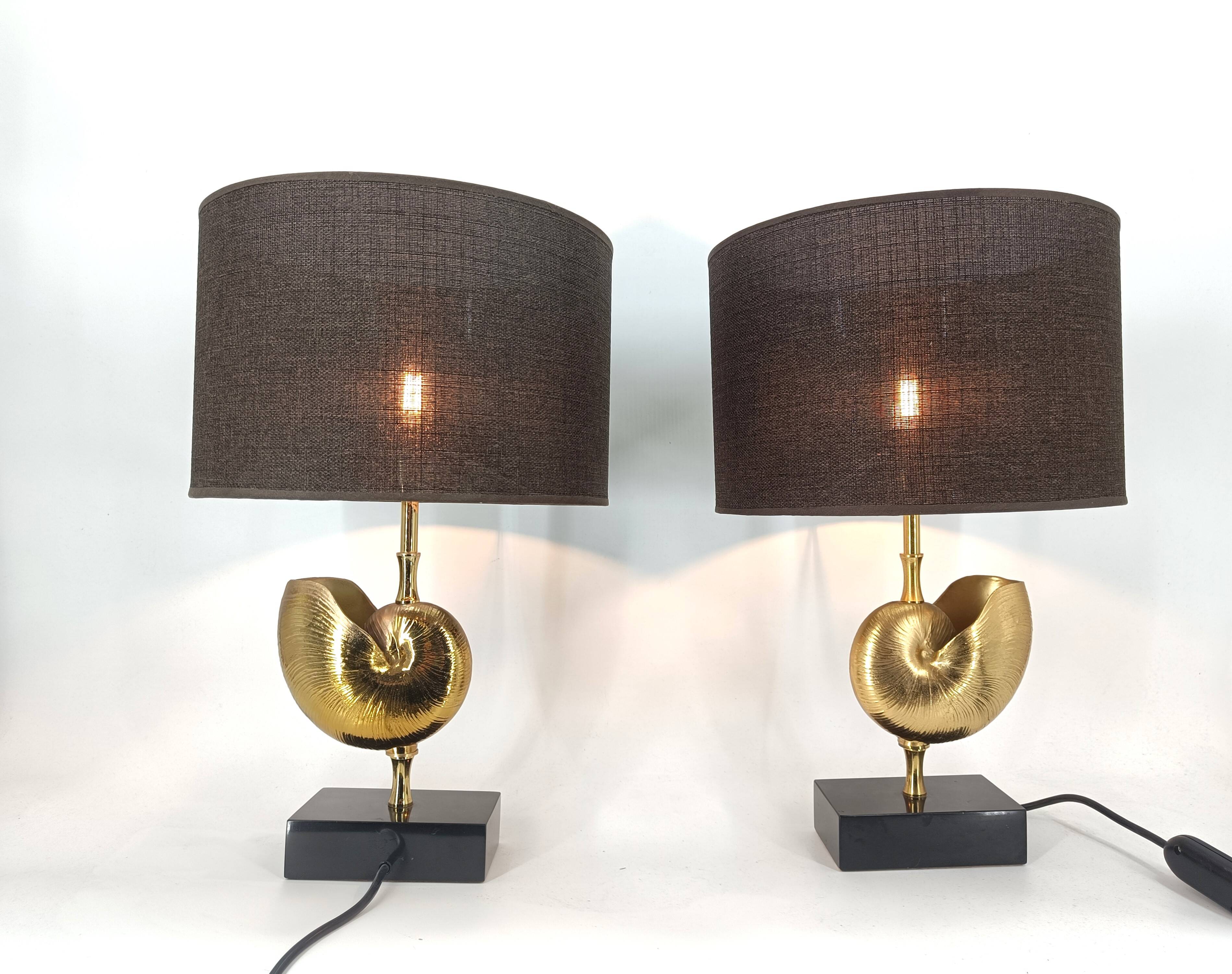 Vintage Brass Nautilus Shell Table Lamps 1970's - France  - set of 2