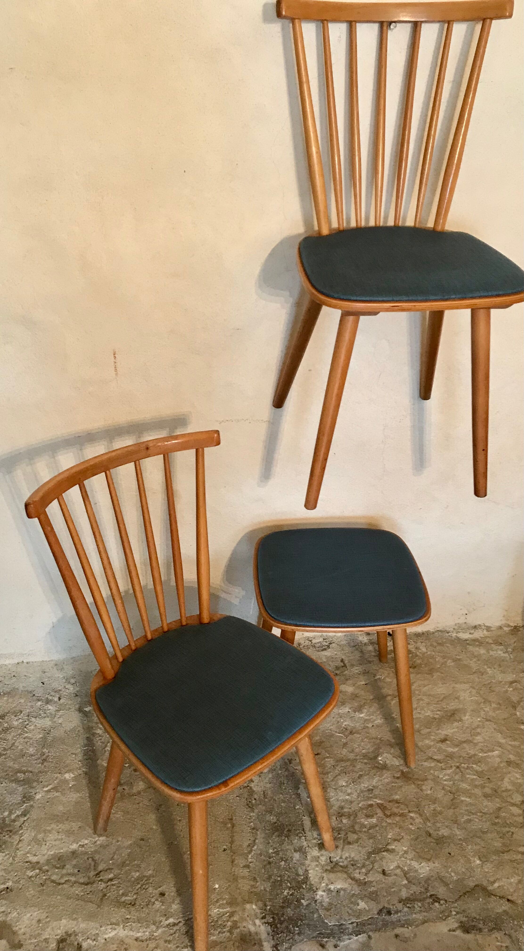Set of 2 chairs with bars and a stool vintage compass feet 1960's