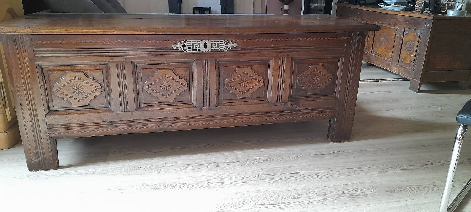 Old marquetry and solid wood chest