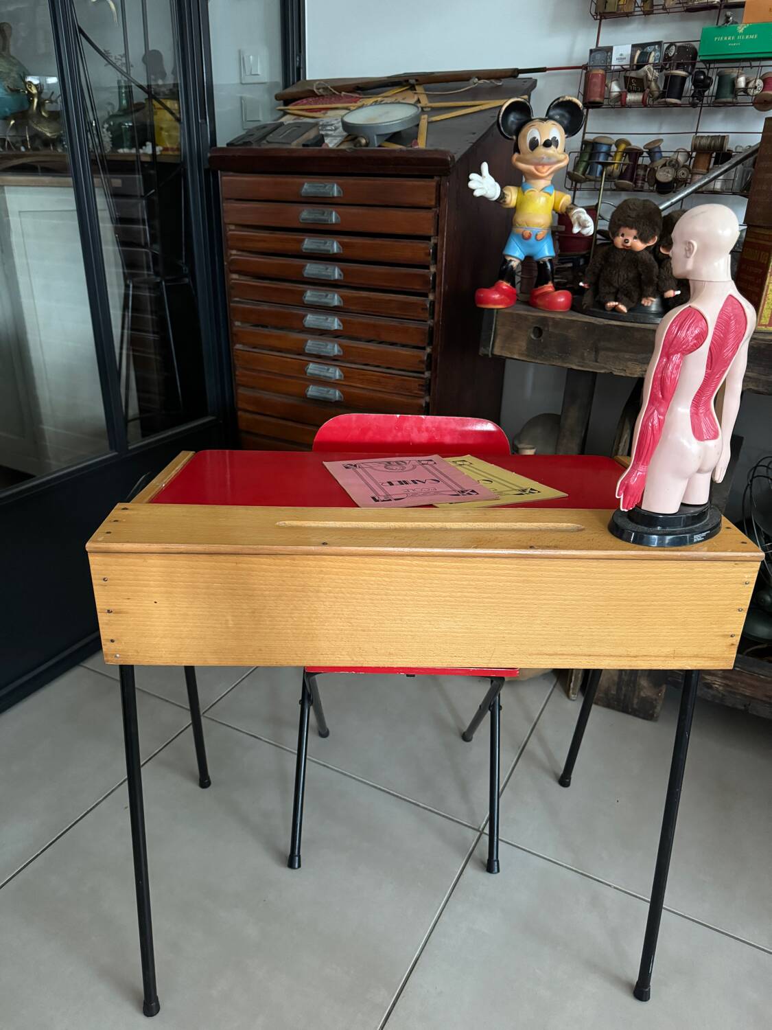 Vintage red children's desk and chair set