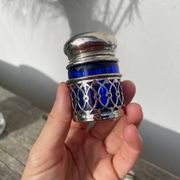 Silver-plated metal and blue glass salt and pepper shaker