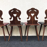 Set of 4 Alsatian chairs, wooden and skaï chair, carved wood, folk art, kitchen, living room, chalet