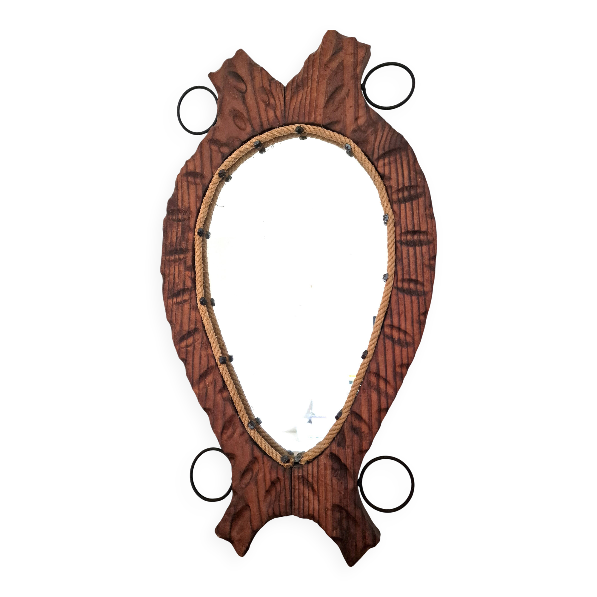 Brutalist mirror in wood and rope, free form.