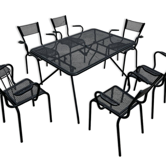 Ensemble de 6 fauteuils et table en métal perforé 1950