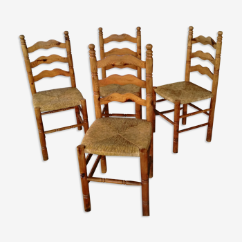 Set de 4 chaises en pin ,de campagne paillées