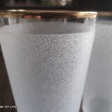 Set of 4 orangeade glasses, vintage Long Drink lemonade in opaque white sandblasted glass and gold edging