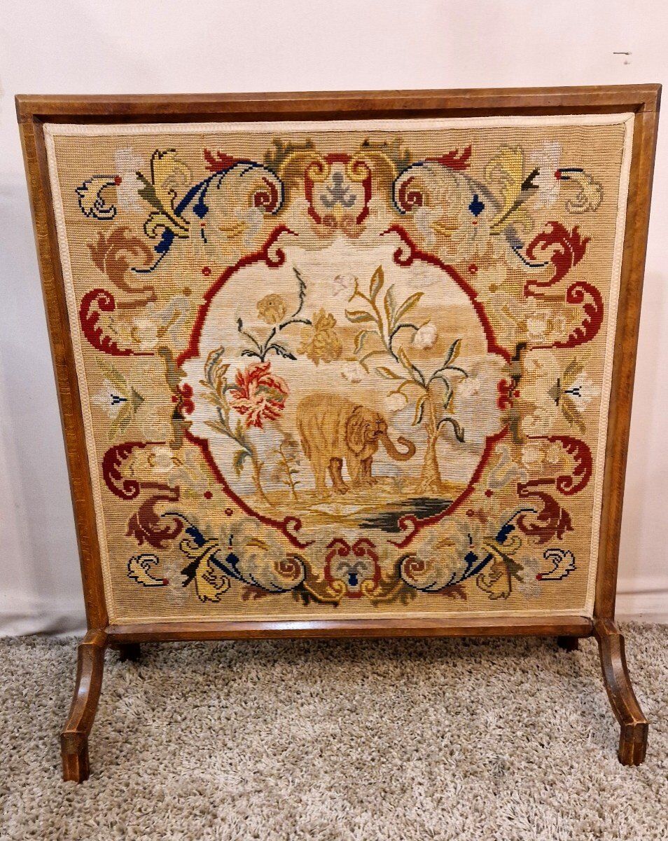 Écran de cheminée avec tapisserie fin XIXème