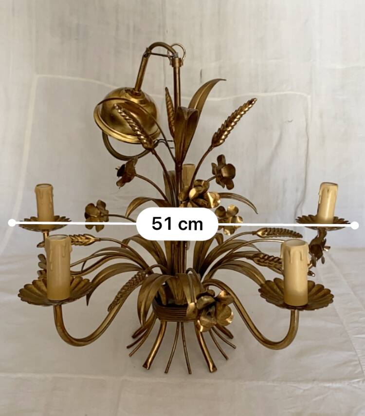 Hans Kögl-style 6-arm chandelier in gilded metal, 1970s, with two wall lights