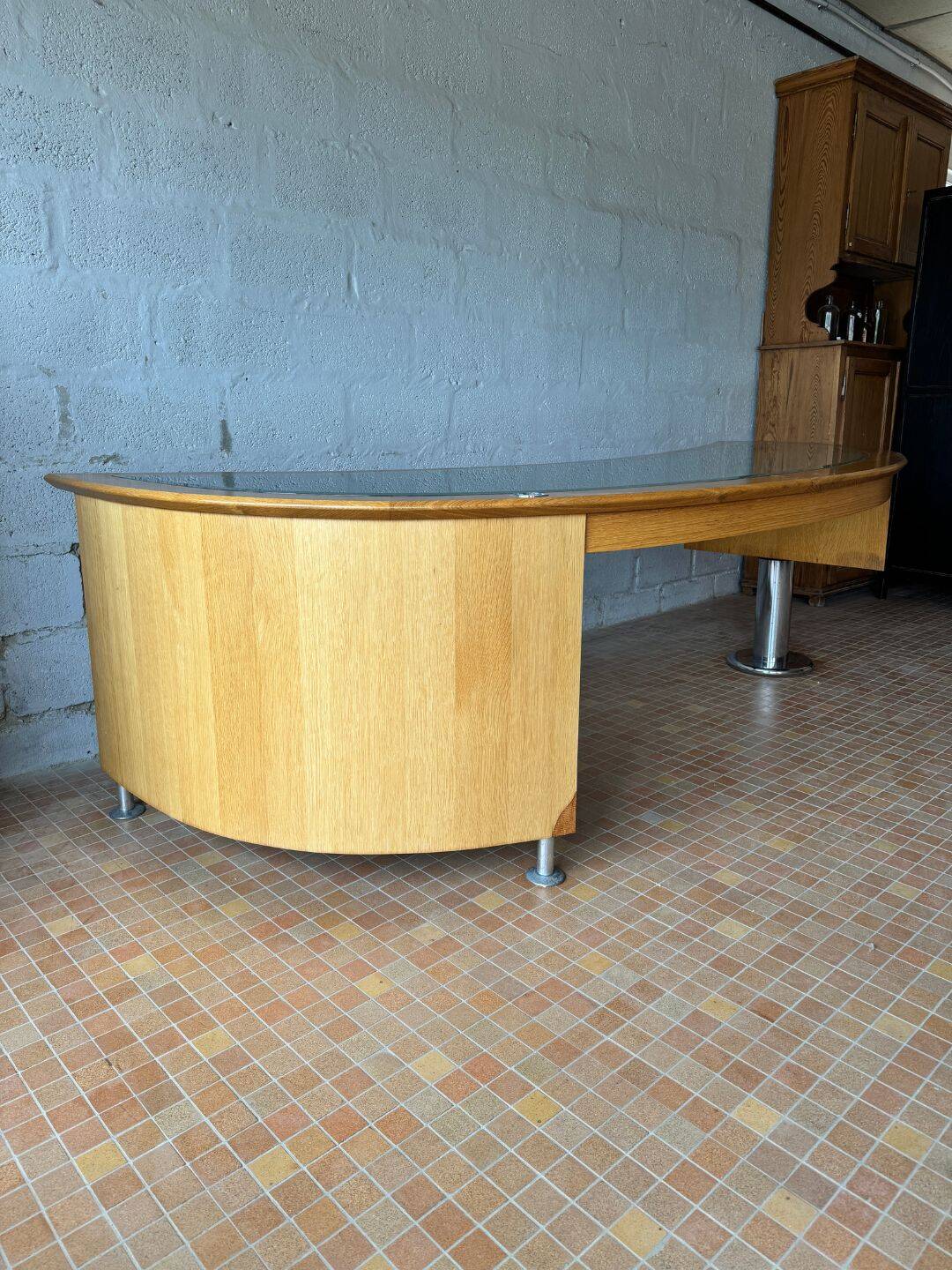 Large desk design in oak and smoked glass - 1990s