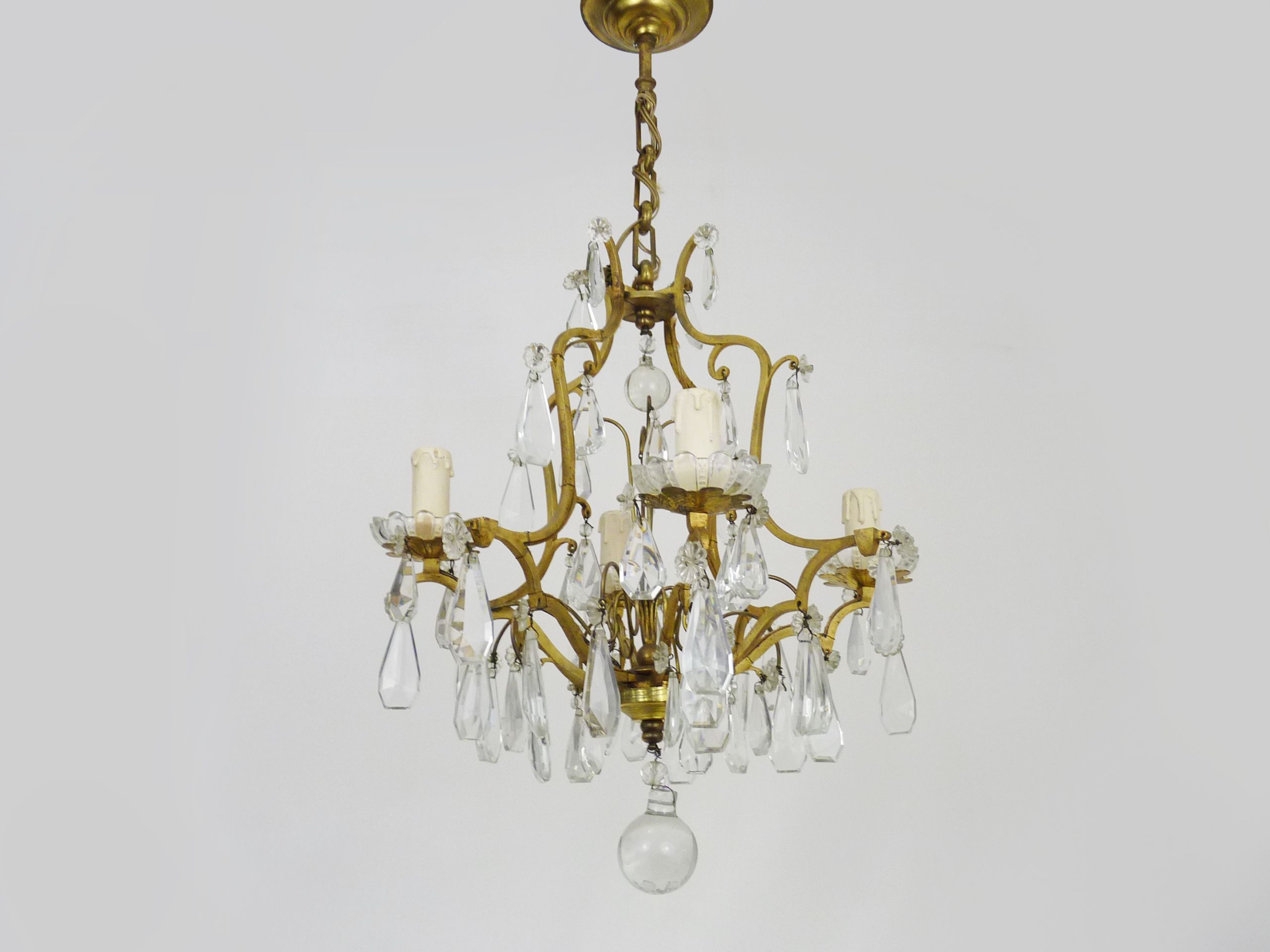 Bronze cage chandelier and glass tassels, with 4 lights. Chandelier tassels. 60s