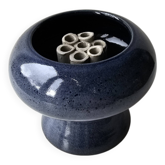 Magnifique vase en céramique pique-fleurs bleu signé (pictogramme à identif