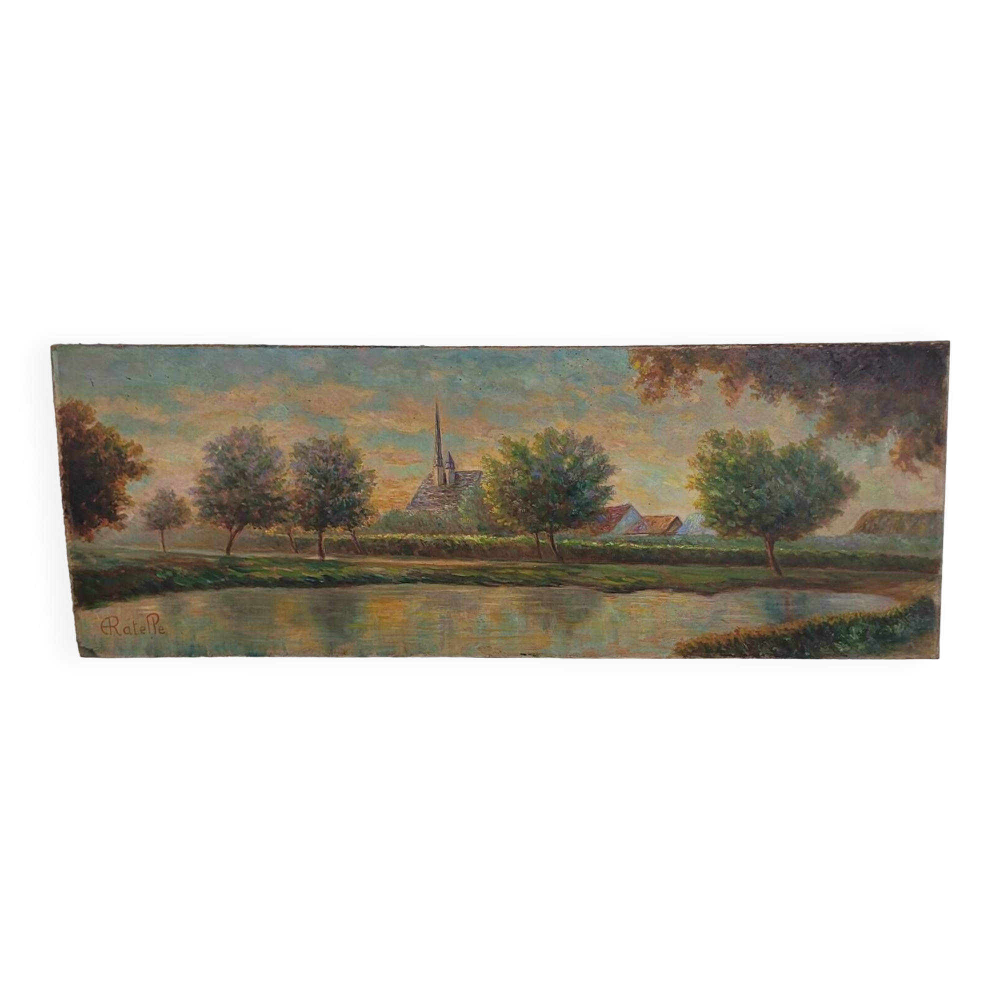 Table Painting Old landscape signed circa 1960