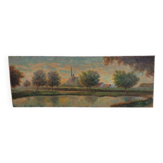 Table Painting Old landscape signed circa 1960