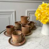 Set of 6 handcrafted stoneware cups and sub-cups 70s