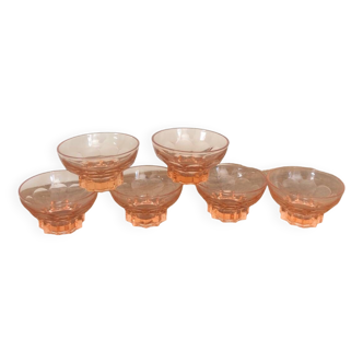 Set of 6 champagne glasses or art deco dessert glasses, pink rosaline glass