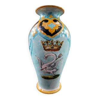Blois earthenware vase signed Ulysse Bruneau Balon decorated with swan and crown