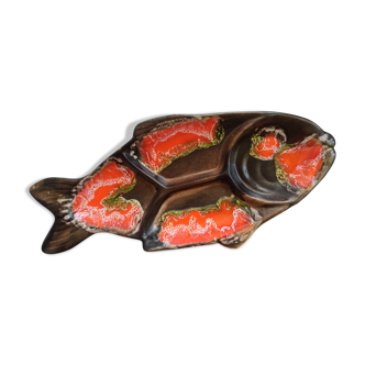 Vallauris fish dish, matte brown, orange Lava, 1960-1970