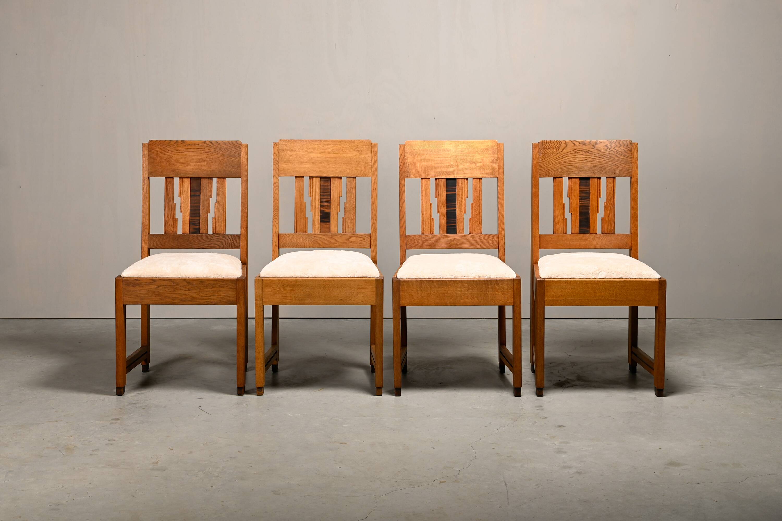 Dutch Art Deco Amsterdam School Dining Chairs in Oak and light Fabric