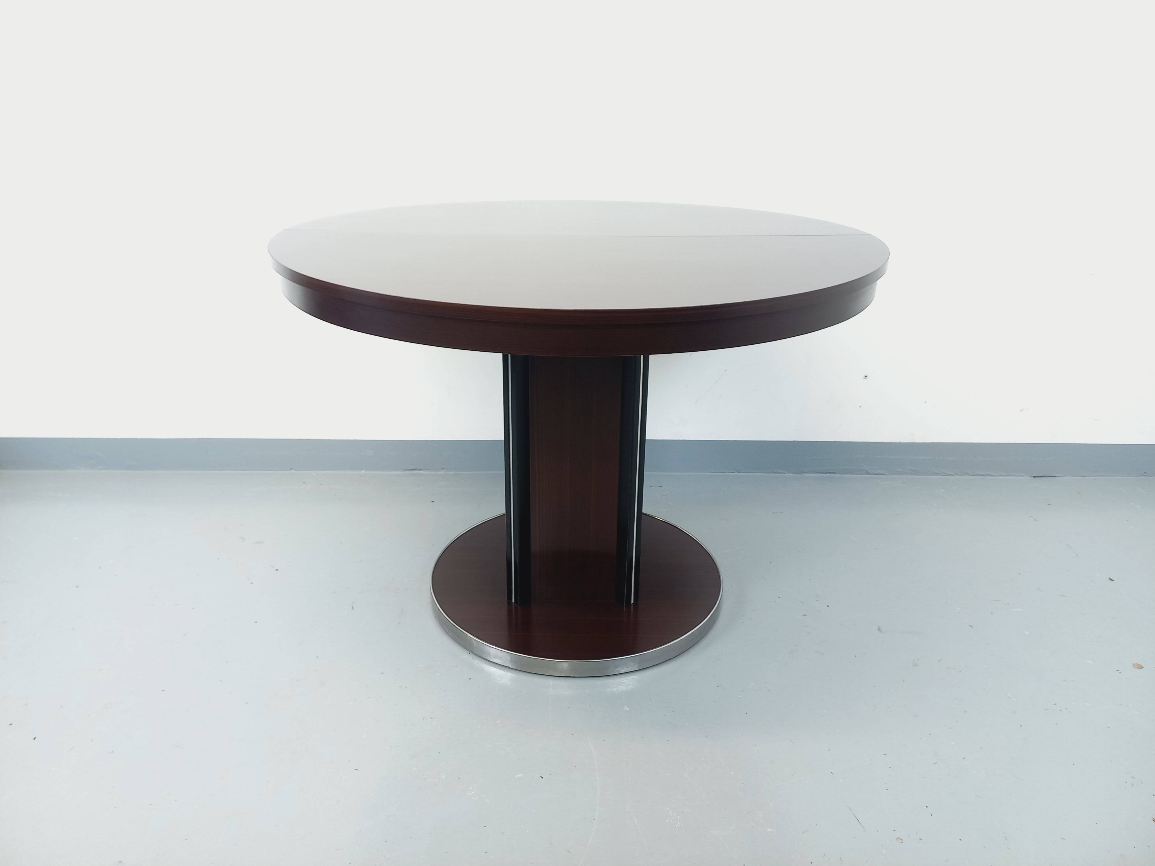 Table ronde de repas vintage en bois d’ébène et métal chromé Space Age