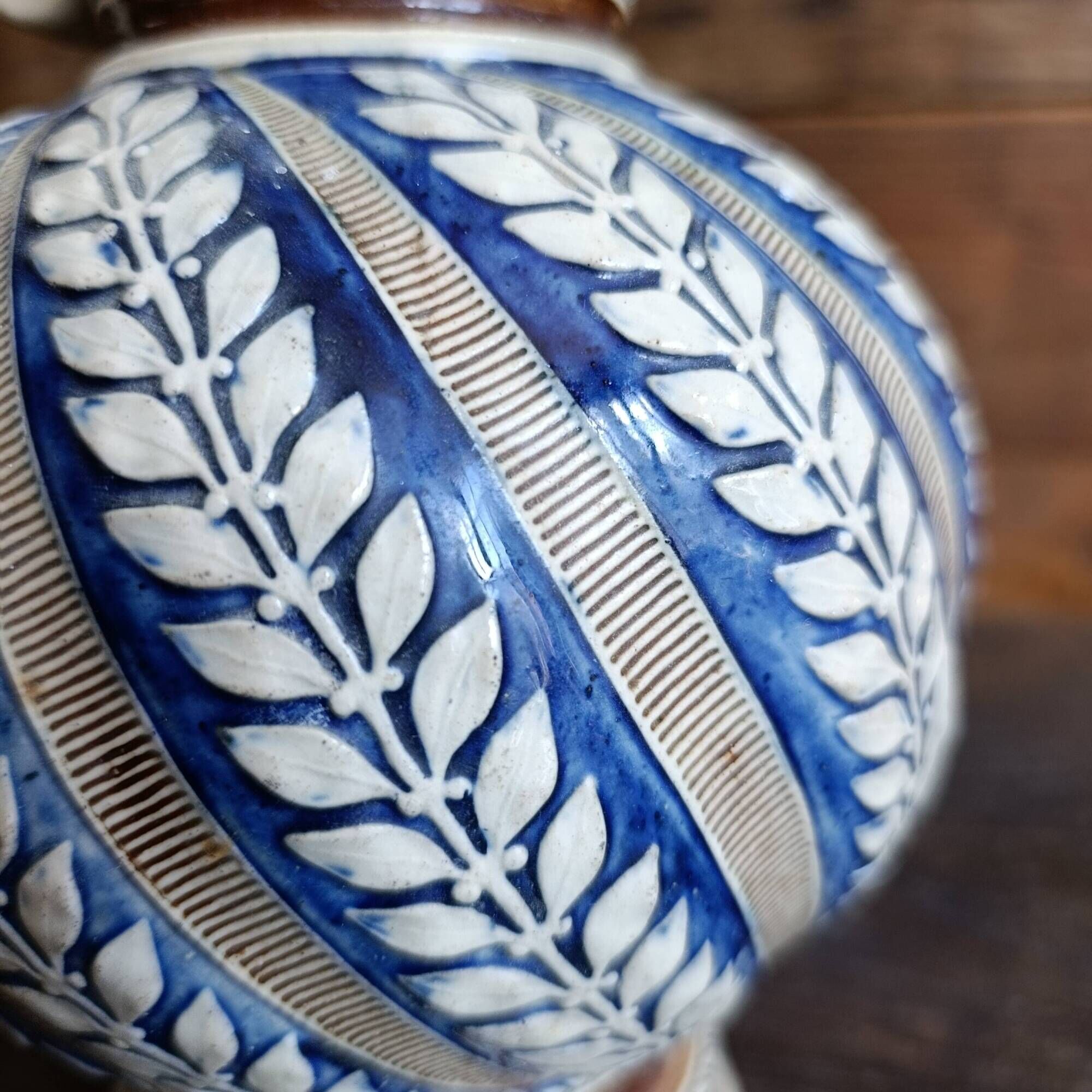 Vintage German Westerwald stoneware jug with cobalt blue floral relief