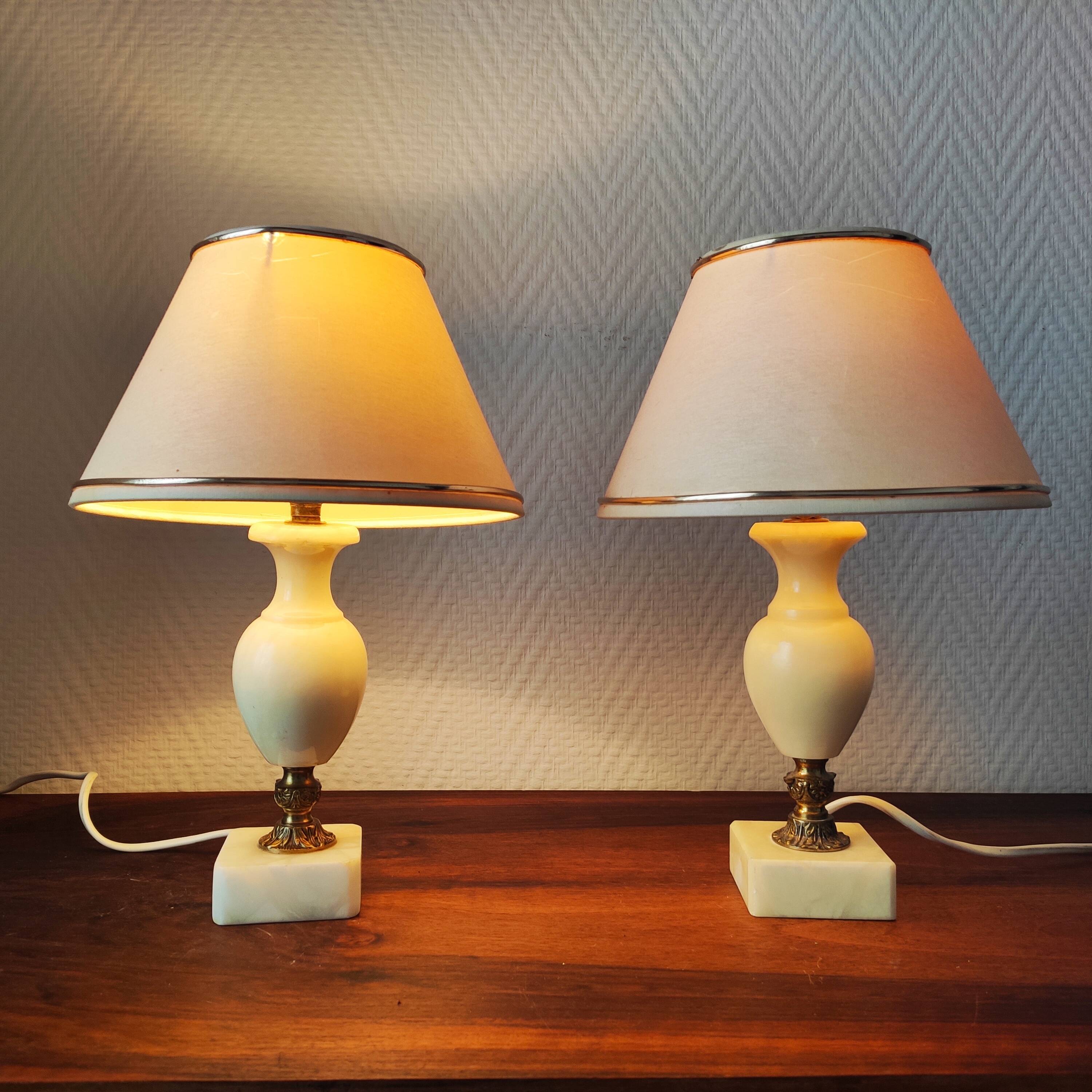 Pair of antique alabaster bedside lamps