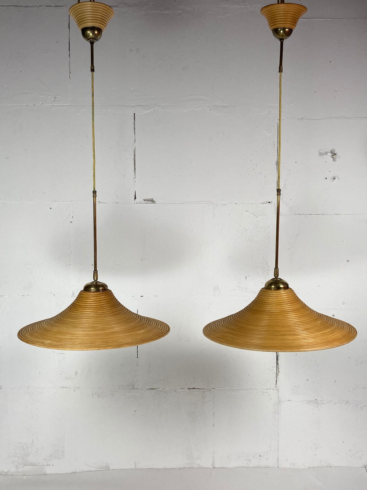 Pair pencil reed rattan bamboo and brass pendants, Italy 1970s