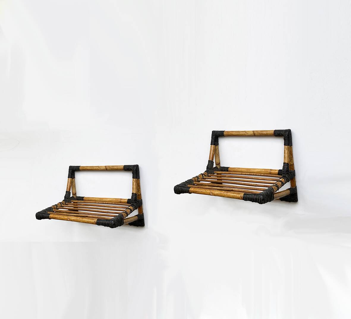 Pair of vintage 1950s rattan bedside shelves