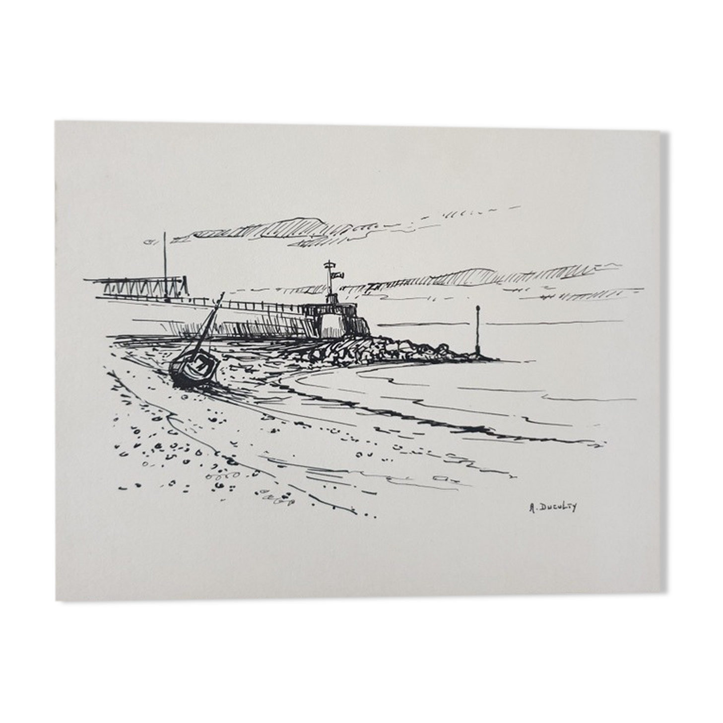 André Duculty (1912-1990) India ink on paper "Beachside" Signed lower right