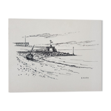 Encre de Chine sur papier "Bord de plage" Signée en bas à droite, André Duculty (1912-1990)