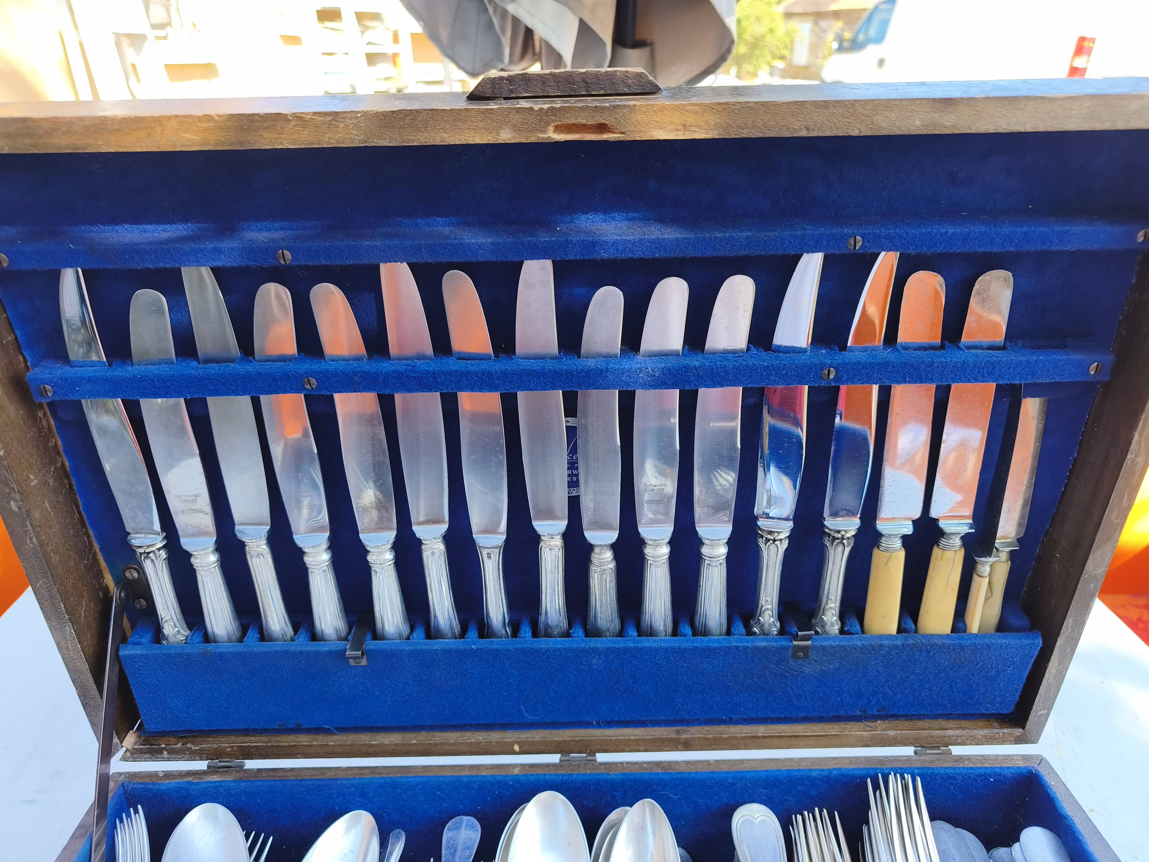 Set of silver metal cutlery from maken's + centrepiece + basket