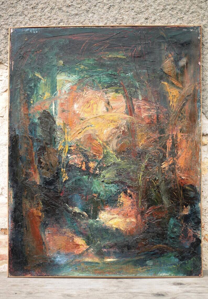 Oil on canvas signed Monique Humbert, large abstract composition, wall painting, interior decoration.