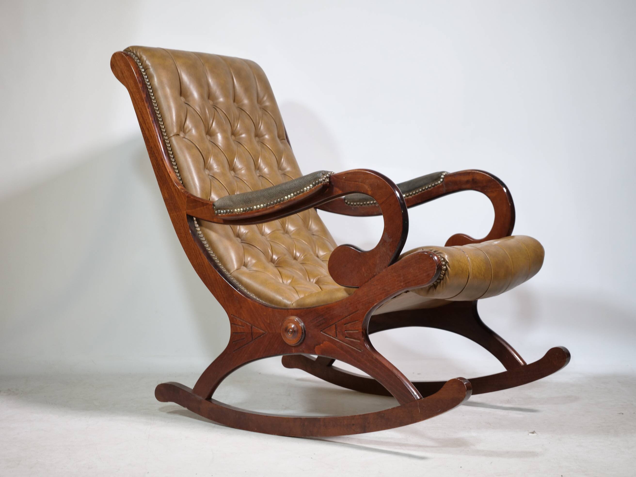 Vintage Chesterfield Design Leather Rocking Chair in Wood, 1920s