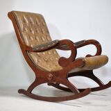 Vintage Chesterfield Design Leather Rocking Chair in Wood, 1920s