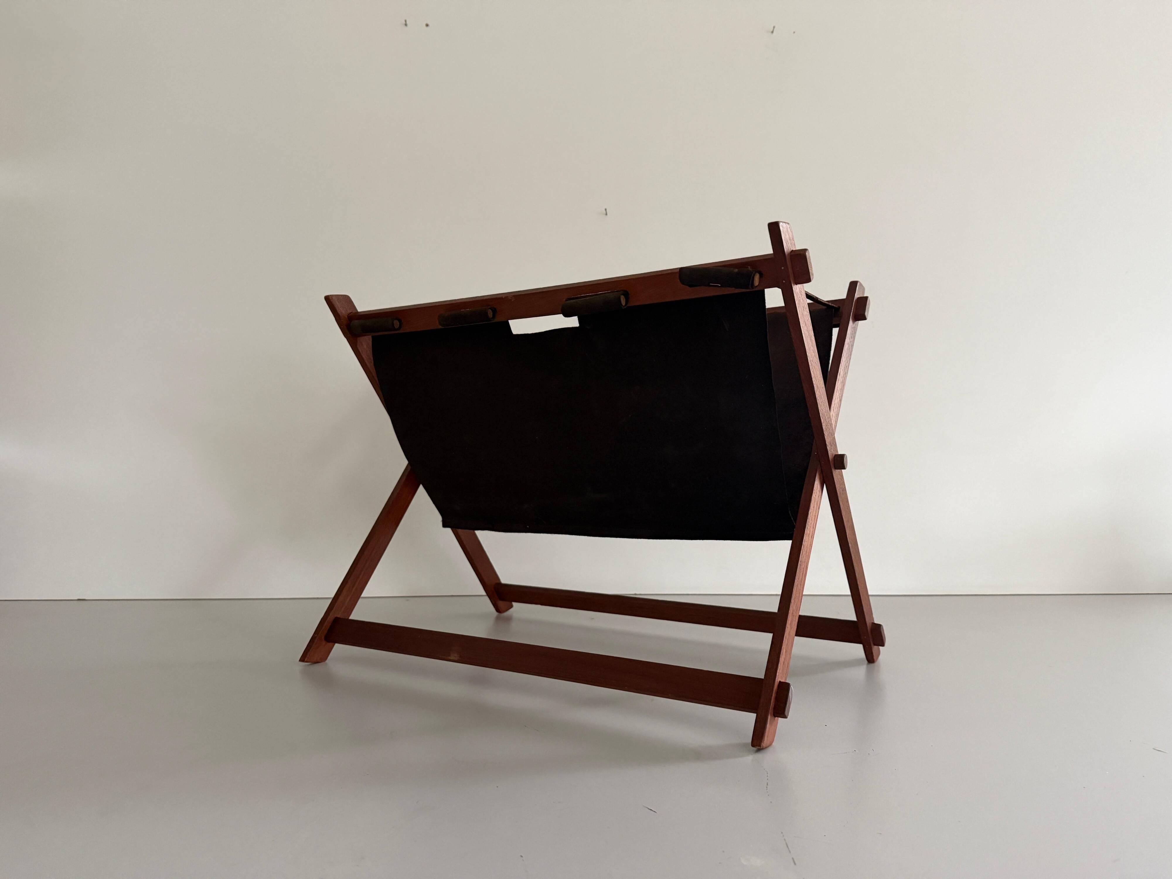 Support stand for mid-century teak and suede magazines and newspapers, 1960, Germany.