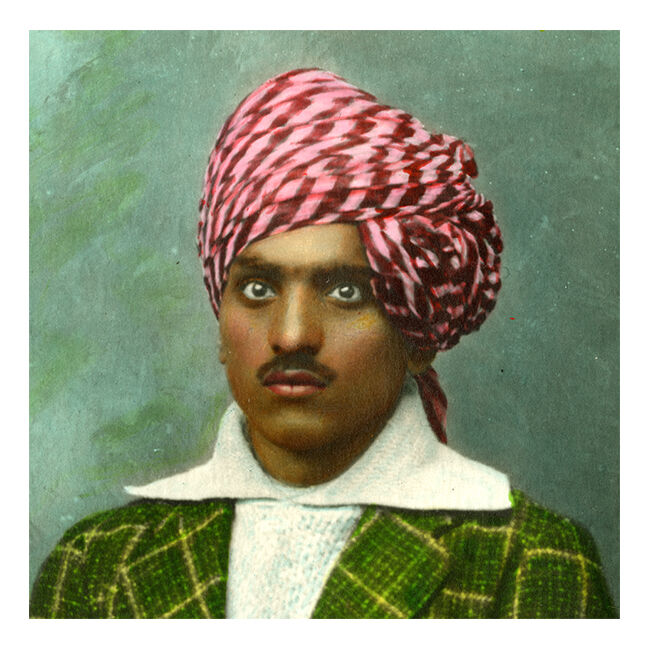 Portrait of a dandy, Rajasthan circa 1920, old colourful photograph
