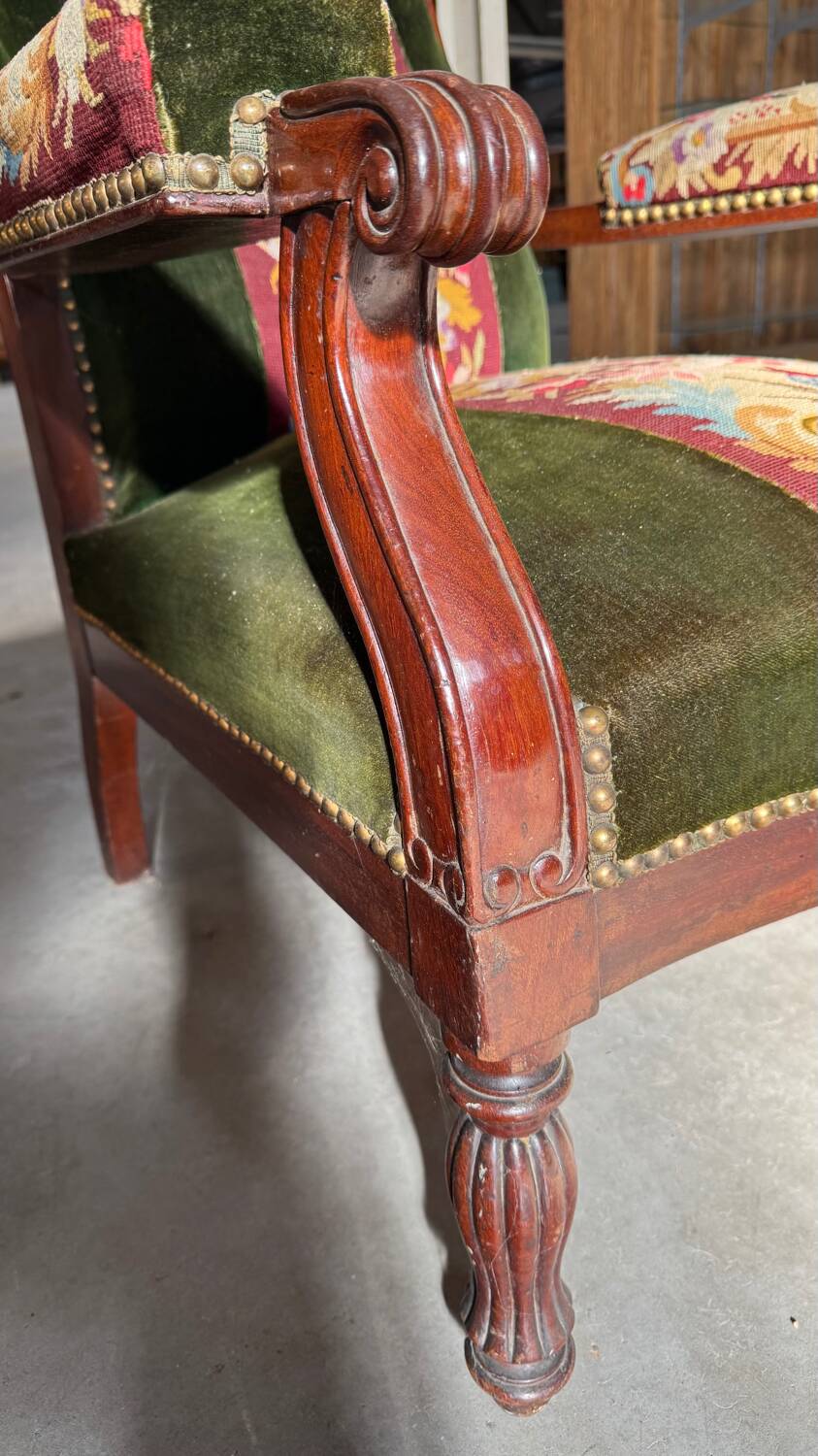 Antique mahogany wood upholstery armchair