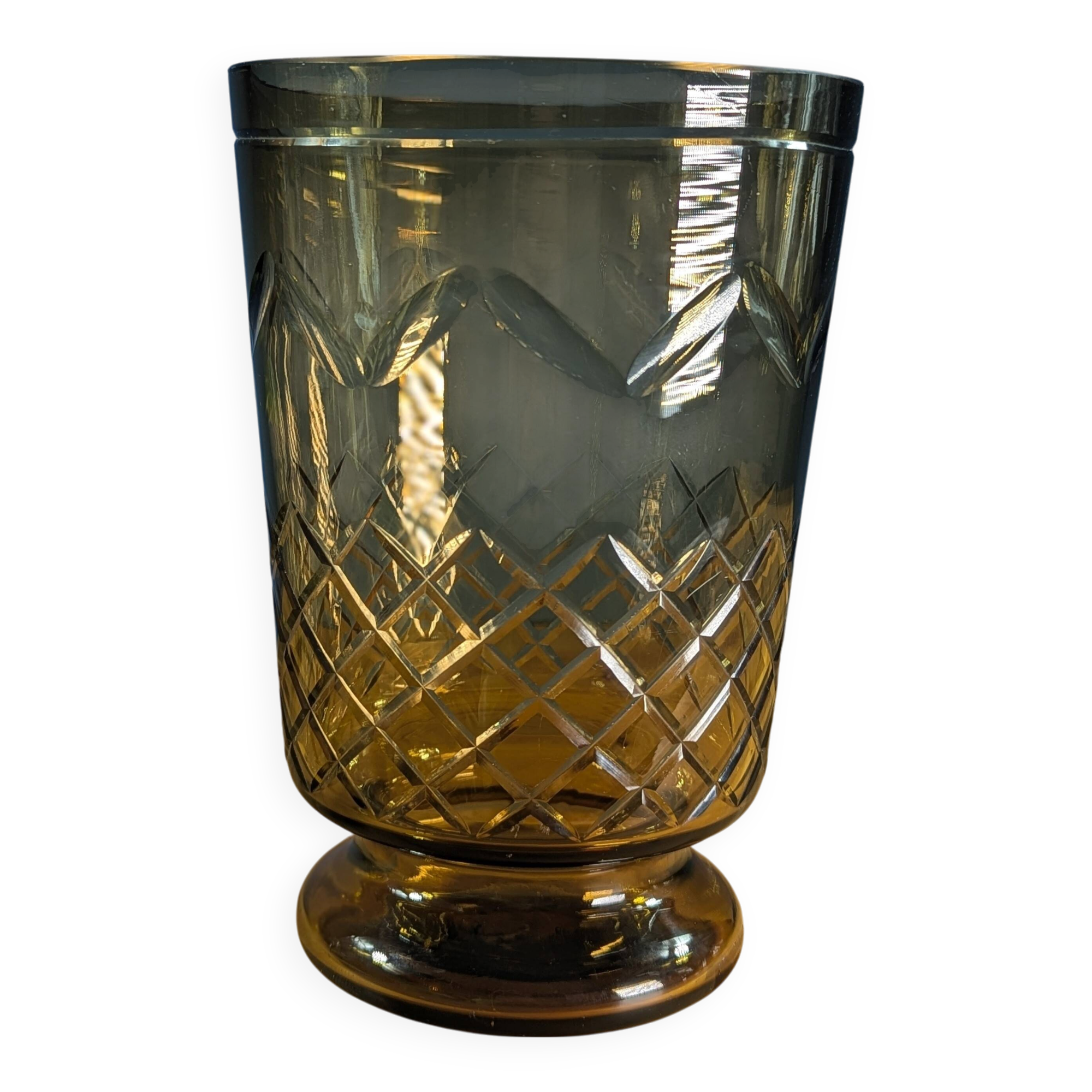 Brown smoked glass candle holder vase, height 23.5cm, geometric decoration