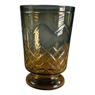 Brown smoked glass candle holder vase, height 23.5cm, geometric decoration