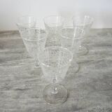 6 Anciens Verres à Pied Motif Arabesques Blanches H 11 cm