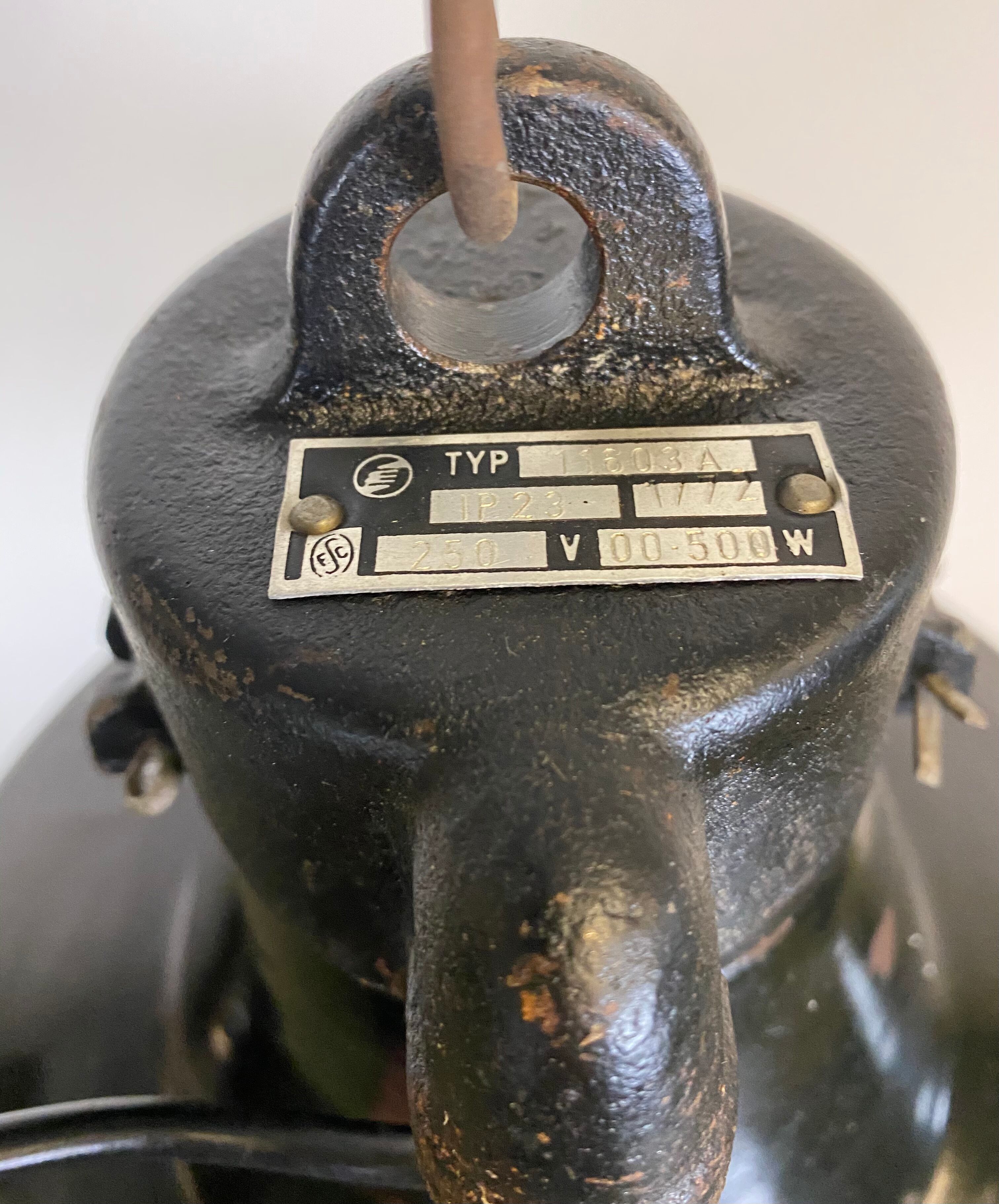 Industrial black enamel pendant lamp with cast iron top, 1970s